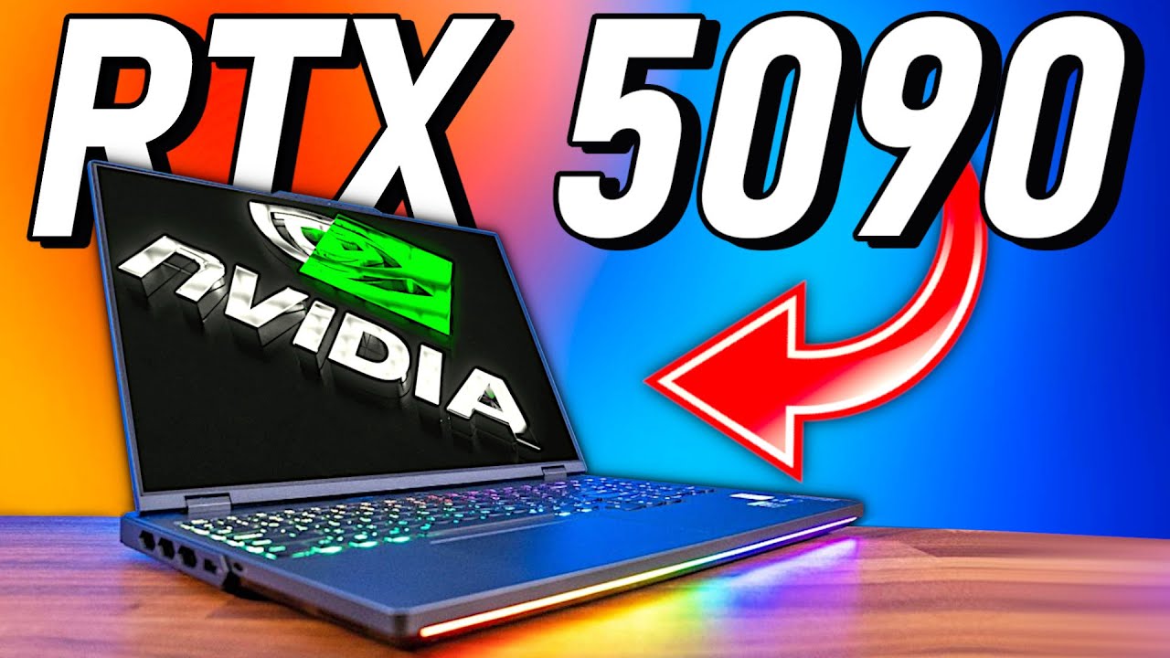 A futuristic laptop featuring RTX 5090 graphics in a vibrant, technology-themed setting.