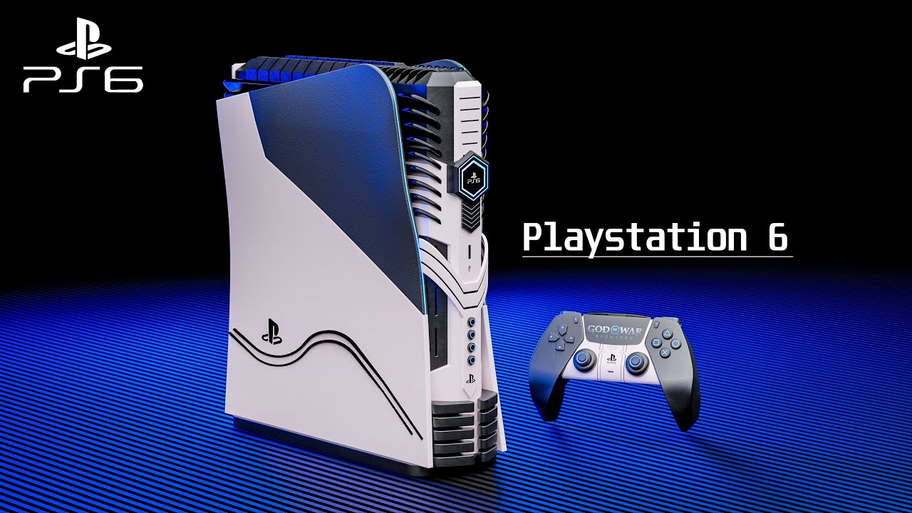 Futuristic PS6 gaming console with advanced features and vibrant LED lights, showcasing compatibility with PS5 games.