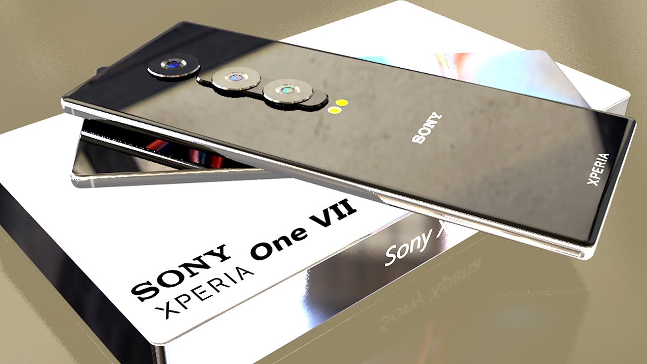 Futuristic design concept of Sony Xperia 1 VII smartphone with unique battery shape in a high-tech cityscape.