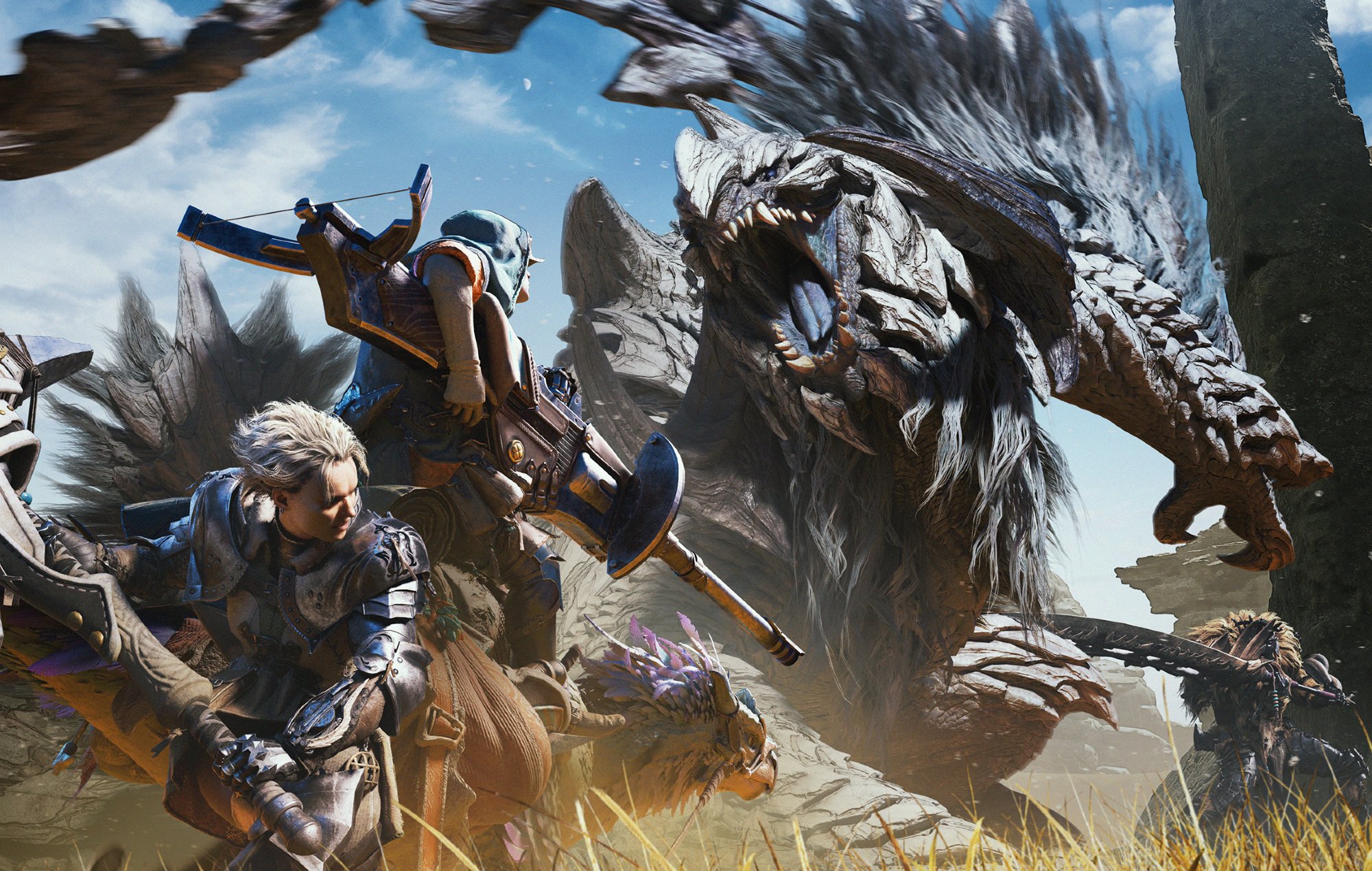 A modern illustration of a hunter character in layered armor inspired by Monster Hunter, set in a vibrant wilderness environment.