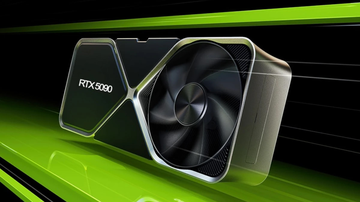 Futuristic digital artwork of Nvidia RTX 50 series graphics cards in a high-tech setting.