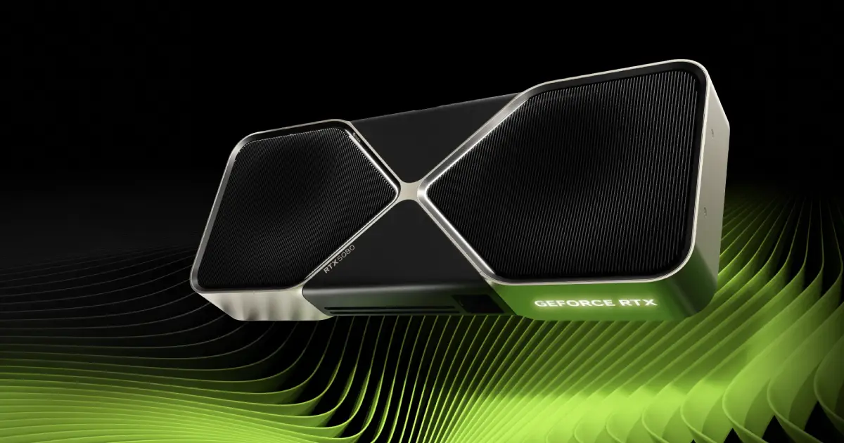 Futuristic depiction of NVIDIA GeForce RTX 5080 graphics card with a dramatic label error theme.