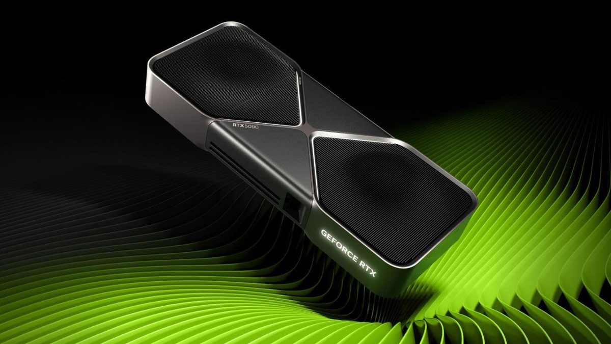 Futuristic digital representation of Nvidia RTX 5090 graphics card in a high-tech environment.