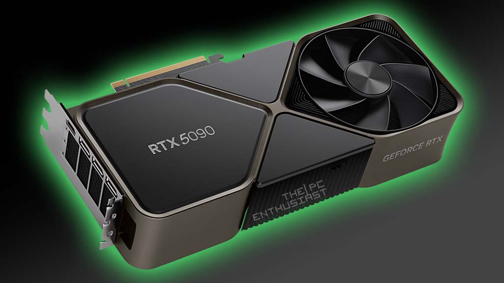 A modern artistic representation of the GeForce RTX 5090 graphics card in a futuristic digital space.