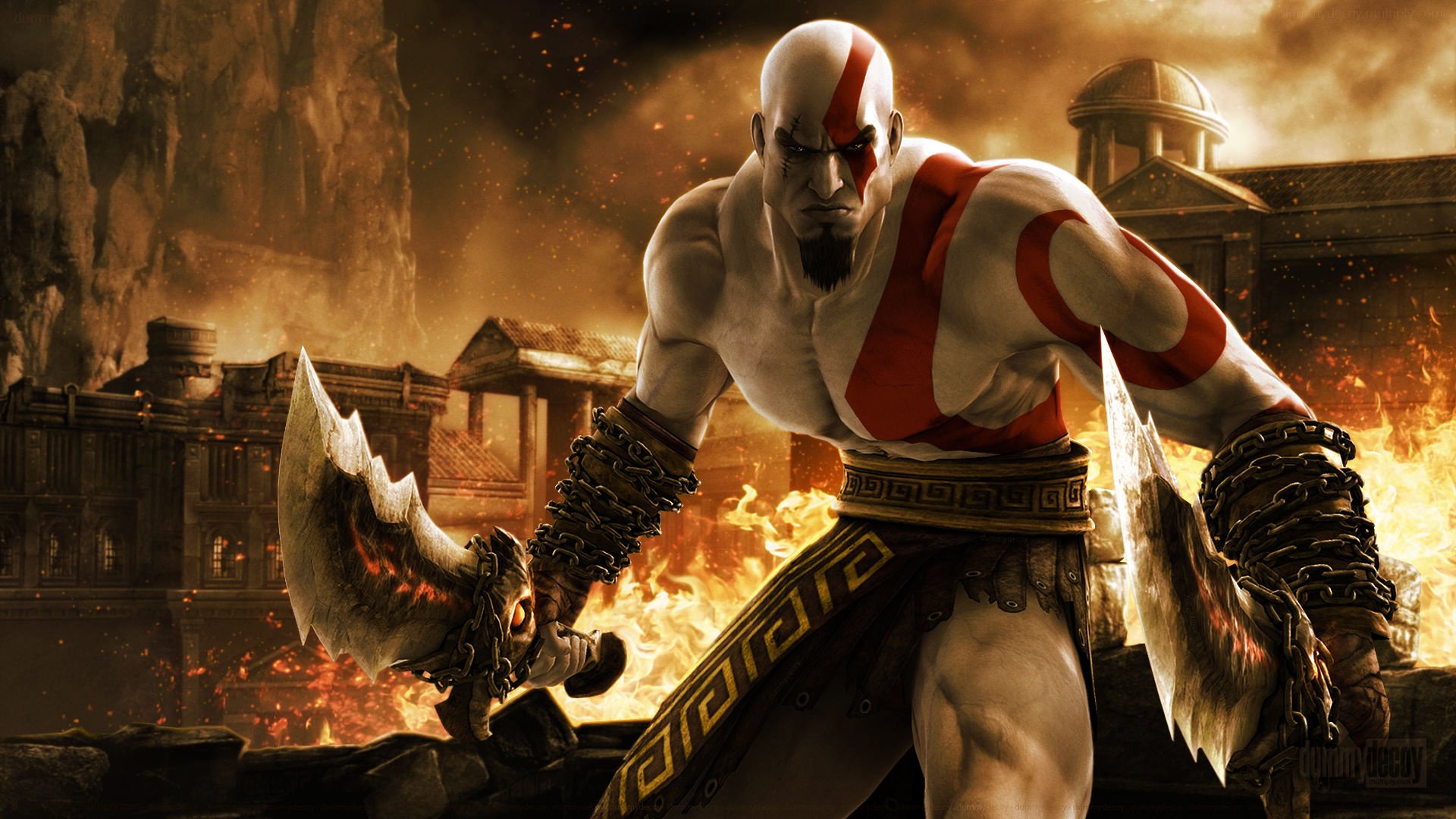 High-quality visual representation of God of War Remastered featuring Kratos in an epic pose with Greek mythology elements.