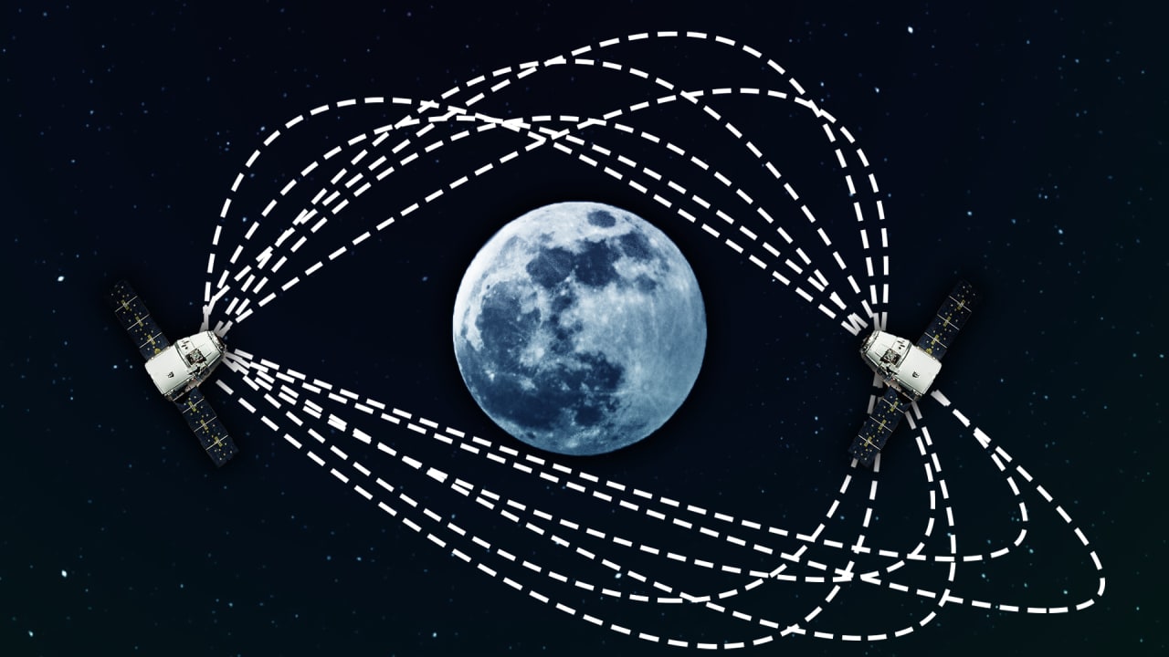 Futuristic visual of Nokia Moon 4G network revolutionizing space communication with a satellite and glowing signals.