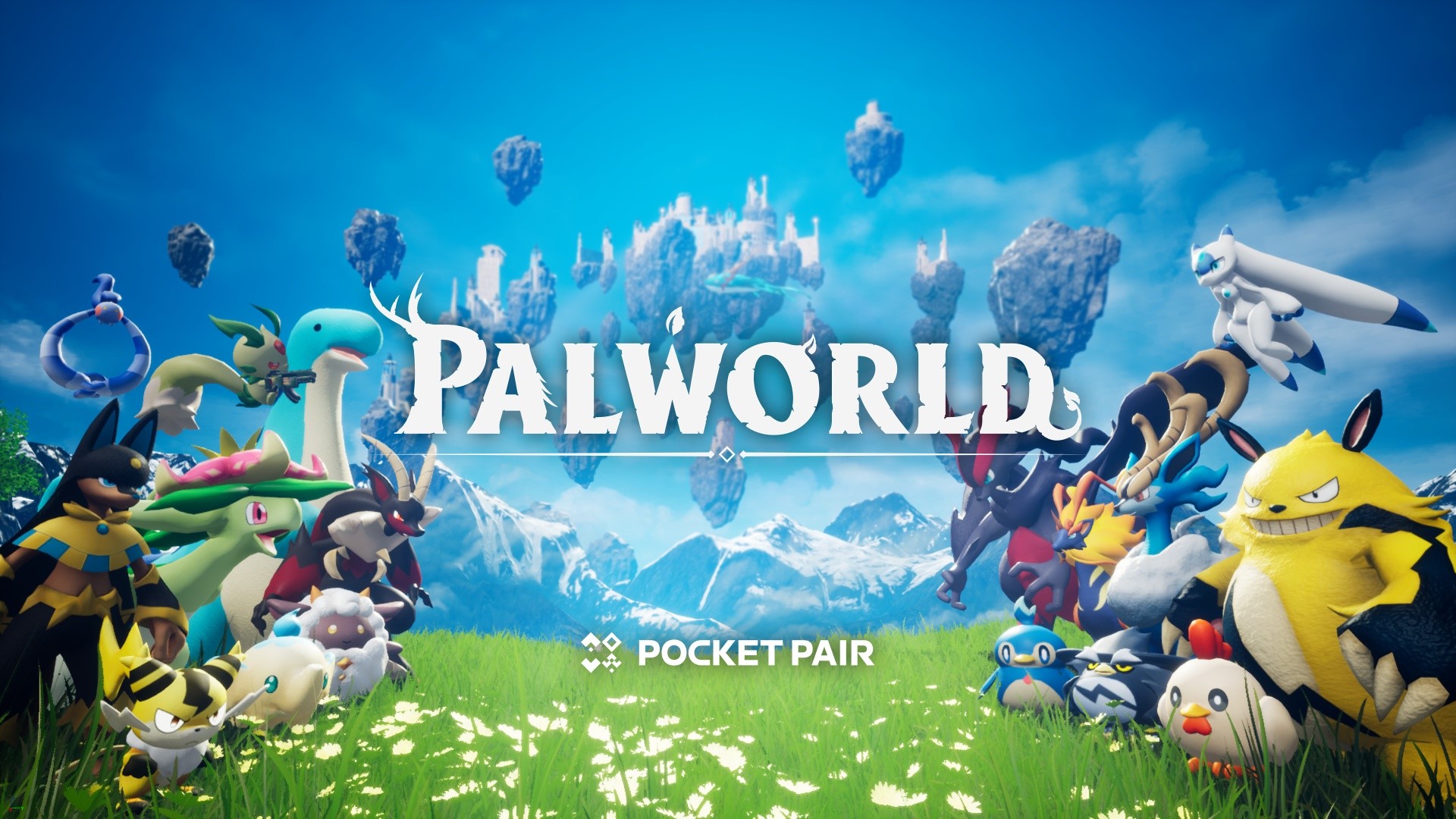 Visual representation of Palworld's cross-play update featuring futuristic technology and vibrant landscapes.