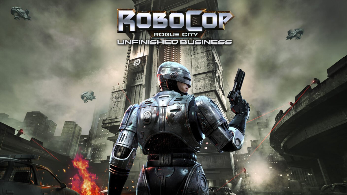 Futuristic artwork featuring RoboCop in a modern urban landscape with advanced technology elements.