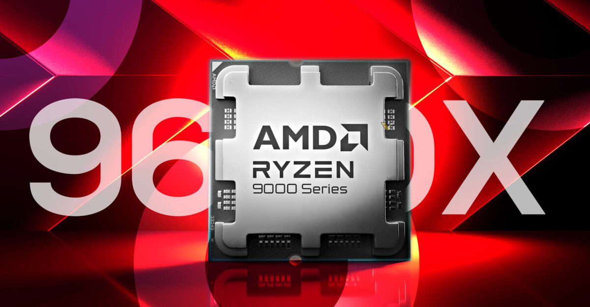 A modern digital illustration of the AMD Ryzen 5 9600 processor with a high-tech aesthetic.