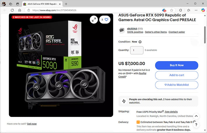 Digital collage showcasing the outrageous prices of RTX 5090 graphics cards on online marketplaces.