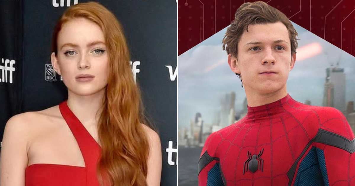 A modern and aesthetic graphic of Spider-Man 4 featuring Sadie Sink and Tom Holland, set in a futuristic city with vibrant colors and high-tech elements.