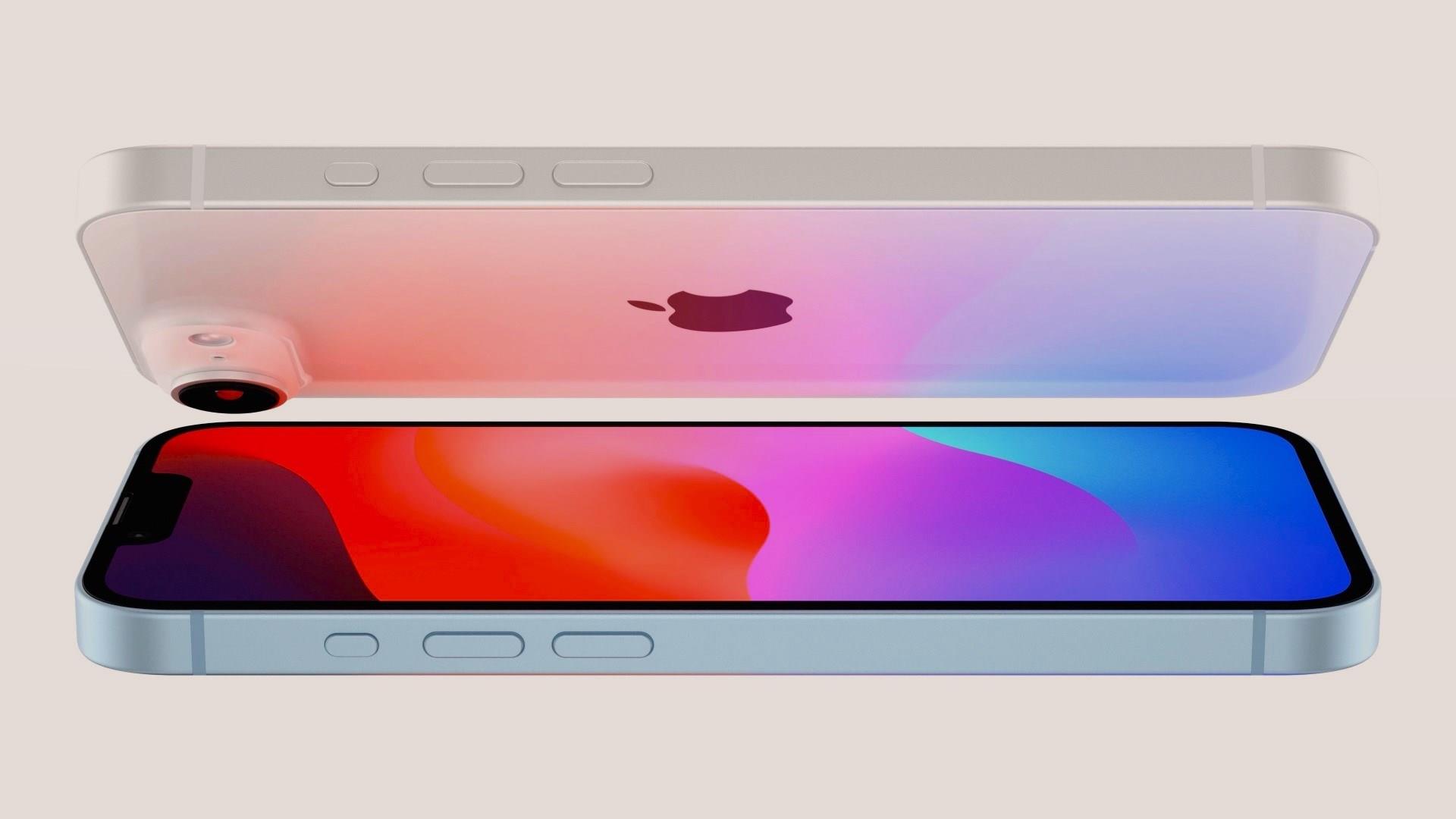 Concept design of the iPhone SE 4 prototype in two colors, showcasing a modern flat-edge design with a single rear camera.