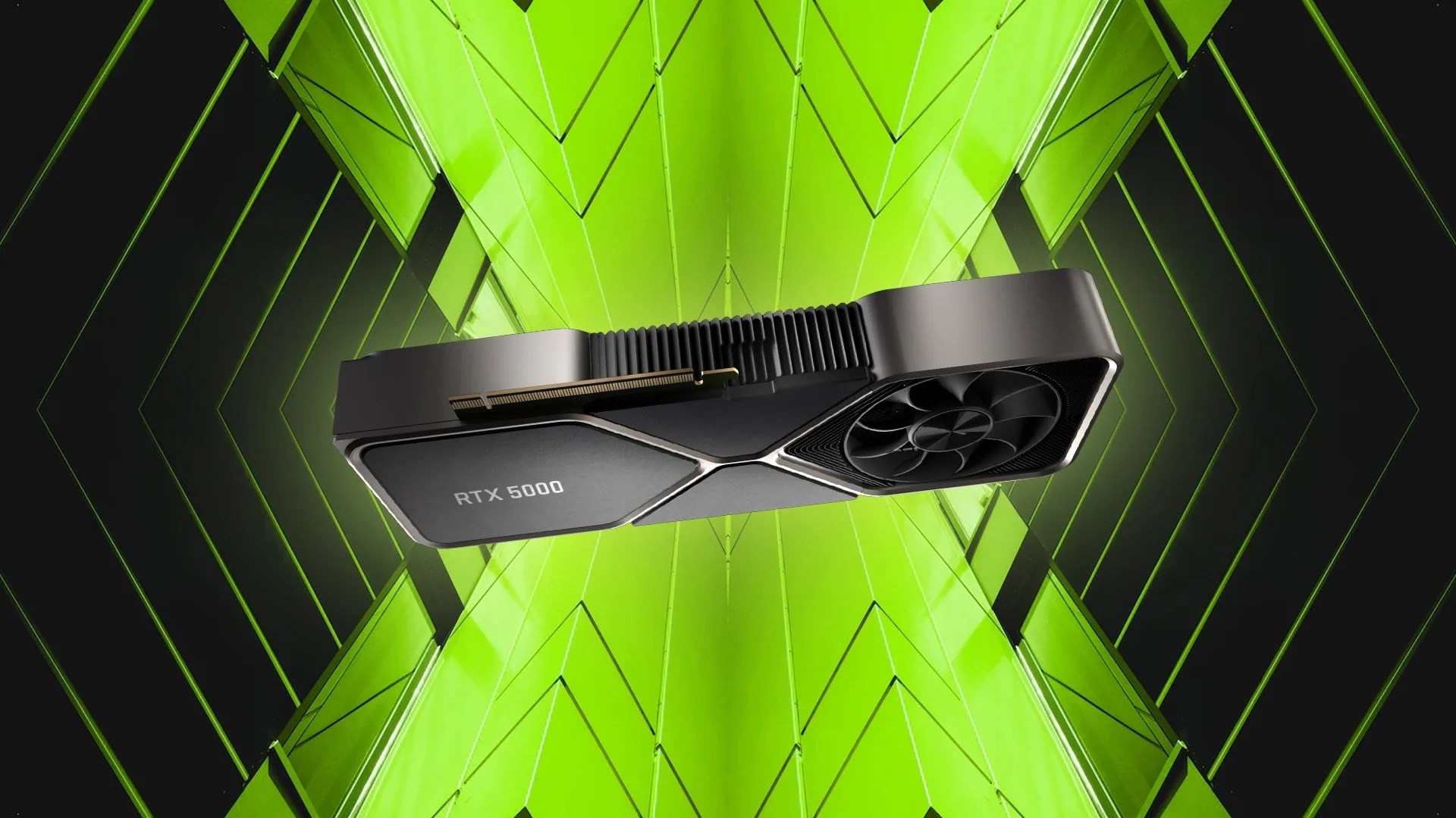 Digital artwork of the Nvidia RTX 50 graphics card with a high-tech background, illustrating stock issues.