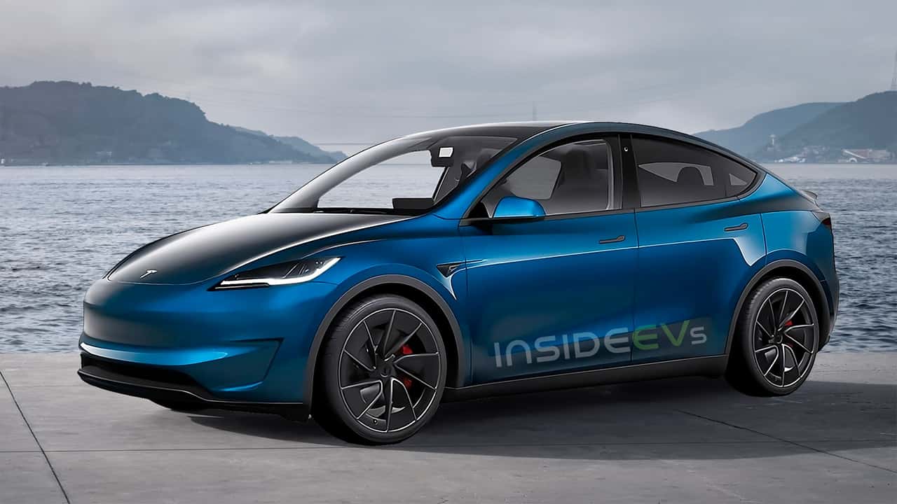 Futuristic 2026 Tesla Model Y Juniper electric car on a modern urban street during twilight, showcasing its aerodynamic design and impressive range.