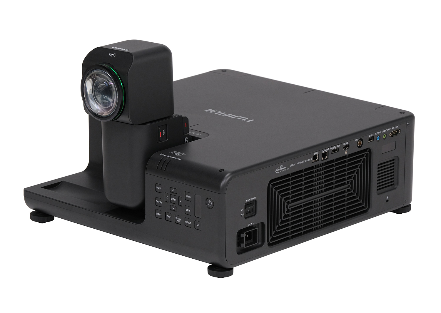 Fujifilm FP-ZUH6000 projector displayed in a modern art gallery with vibrant 4K image projection.