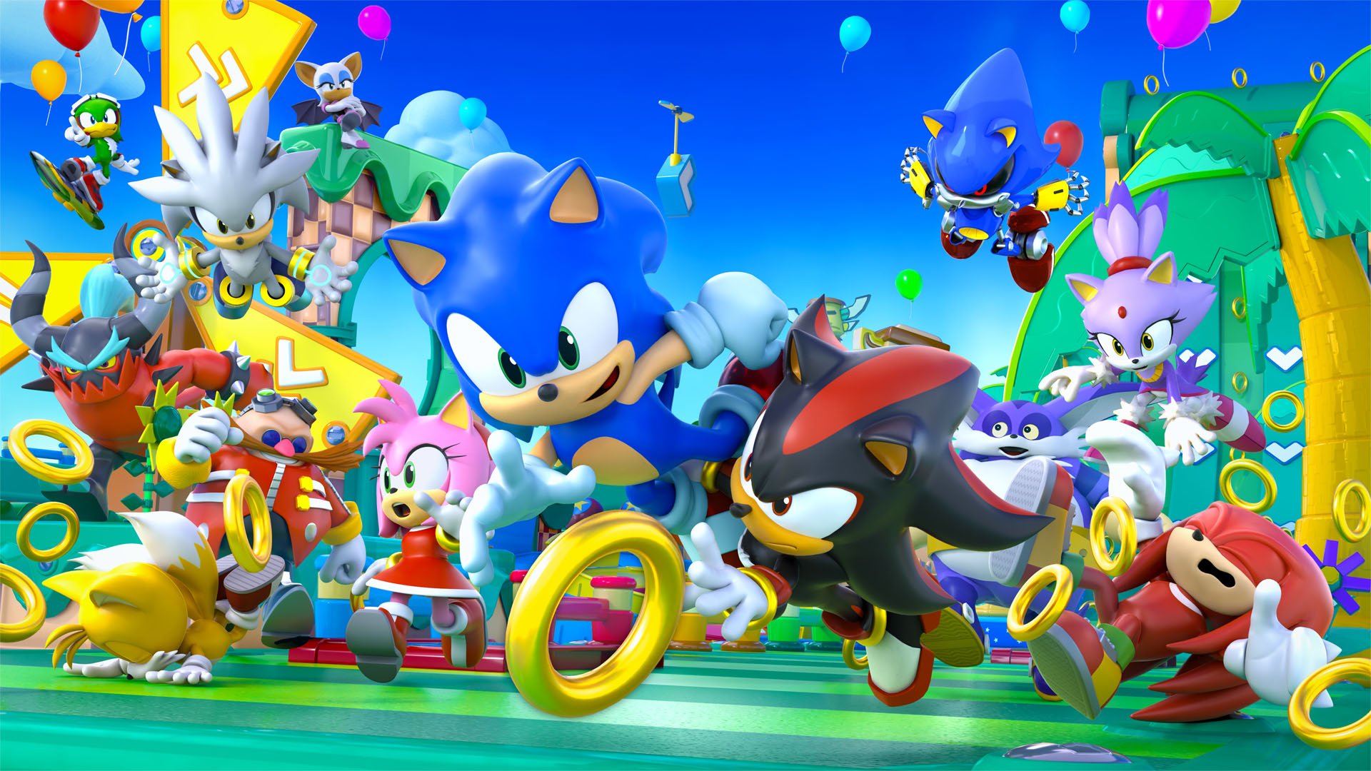 Digital artwork of Sonic Rumble: New Party Game featuring Sonic and friends in a vibrant, action-packed gaming environment.