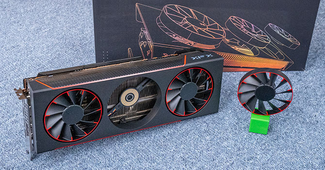 Artistic representation of the XFX Radeon RX 9070 XT graphics card in a modern tech environment.