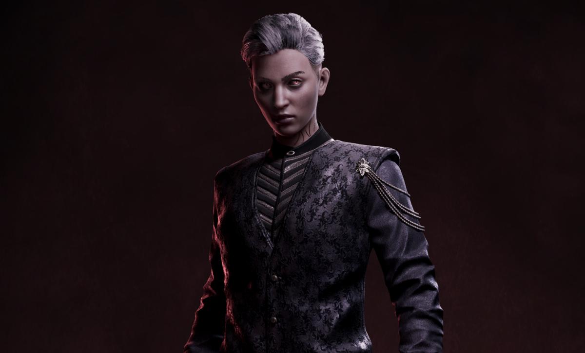 Artistic representation of Phyre from Vampyr: Bloodlines 2 in a futuristic cyberpunk setting.