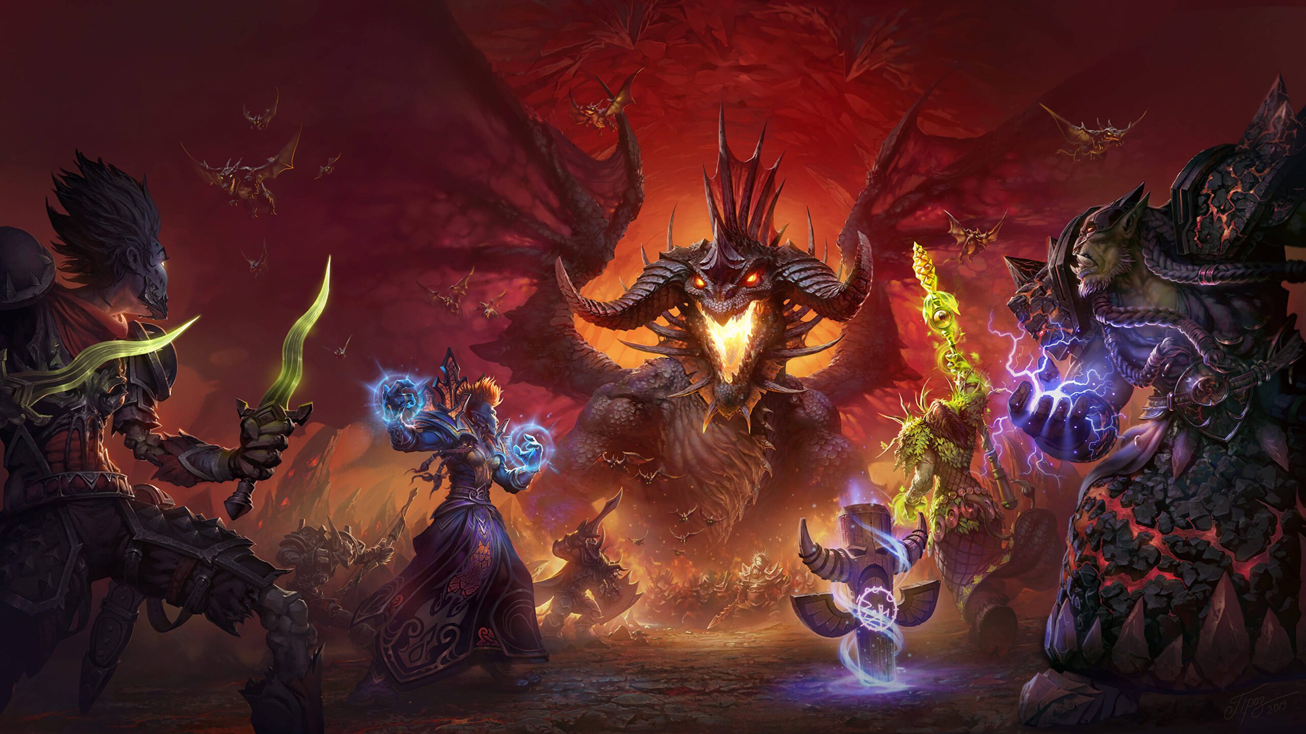 A vibrant digital illustration of a World of Warcraft inspired gaming landscape with elements of Xbox Game Pass.