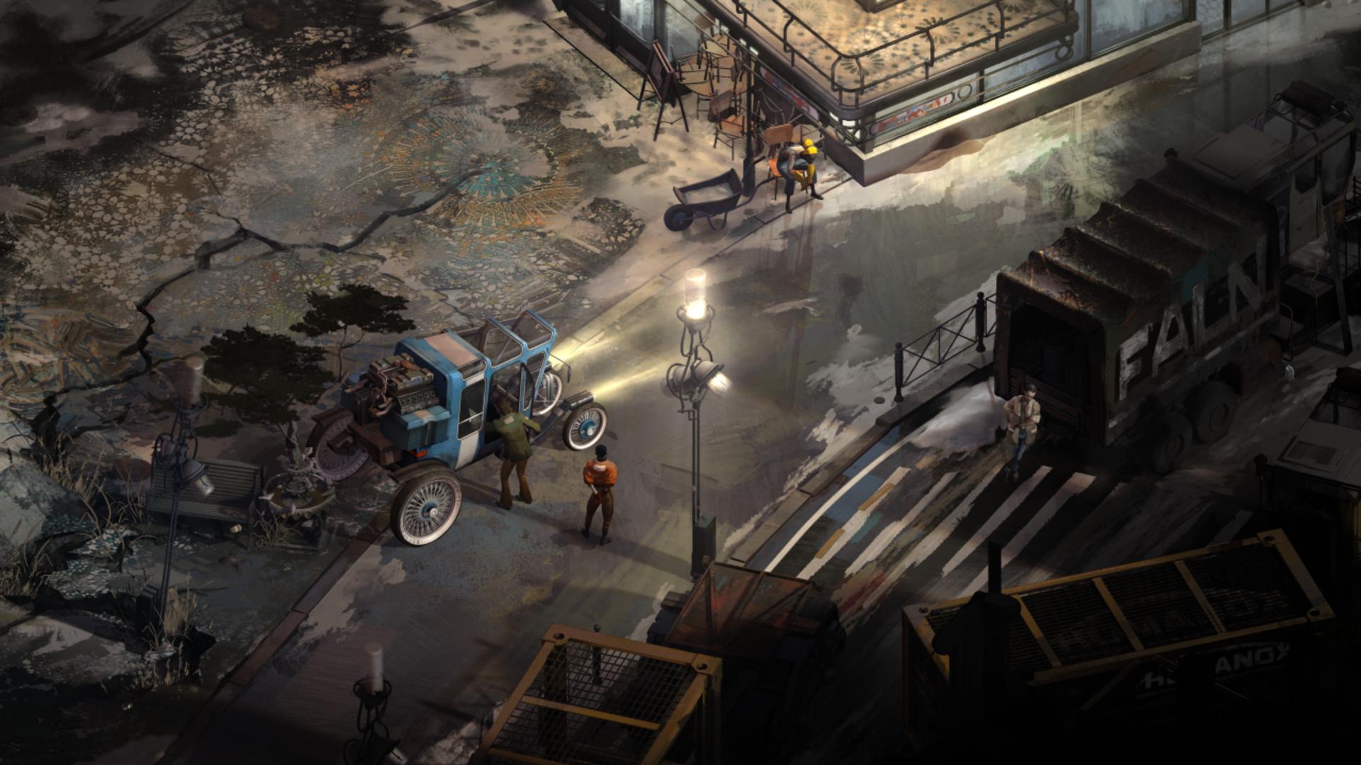 High-quality modern digital artwork representing Disco Elysium Mobile, featuring vibrant colors and iconic characters in an urban setting.