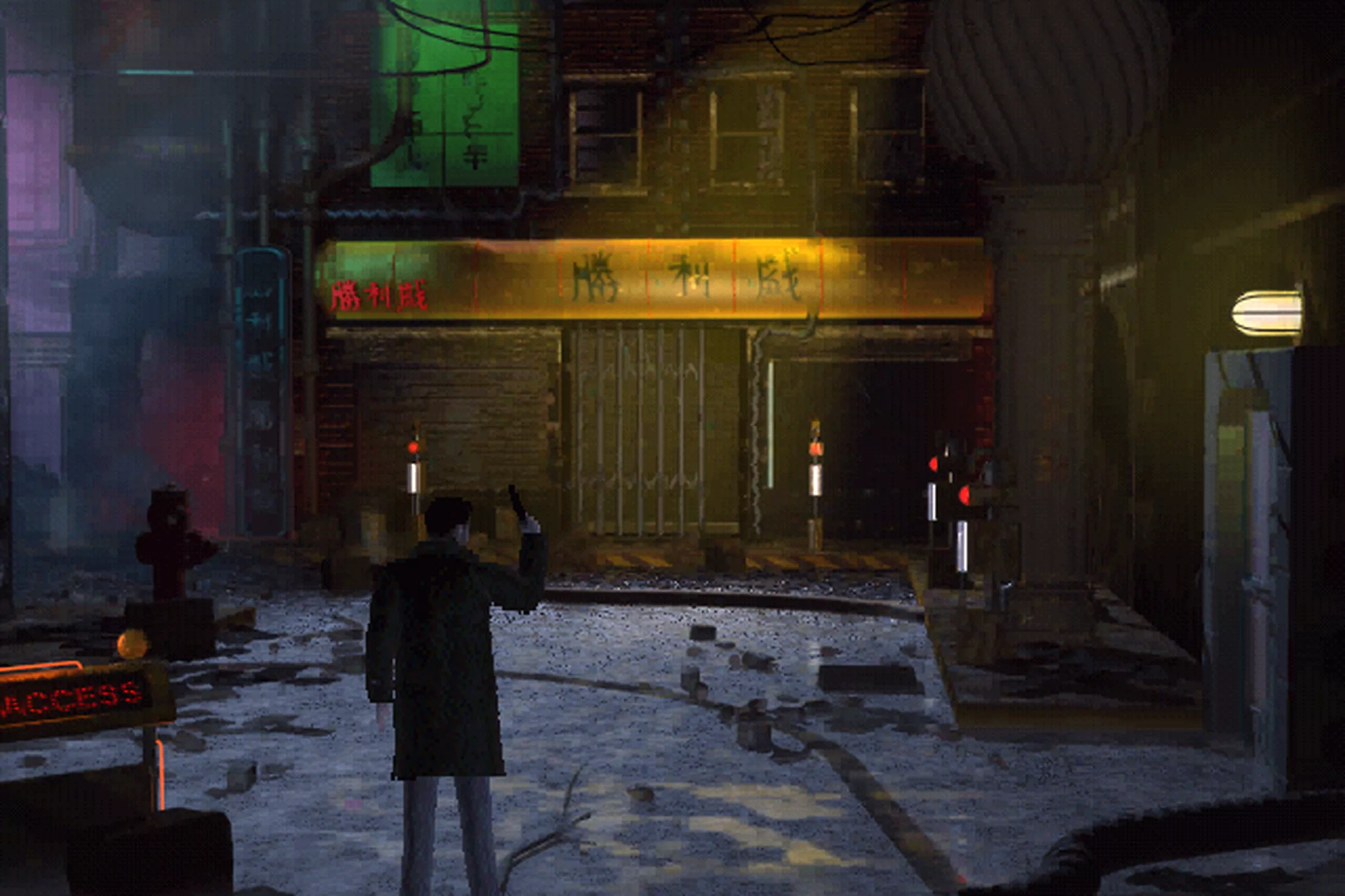 A modern and aesthetic visual representation of the Blade Runner game cancellation, featuring a futuristic urban landscape with neon lights and mysterious elements.